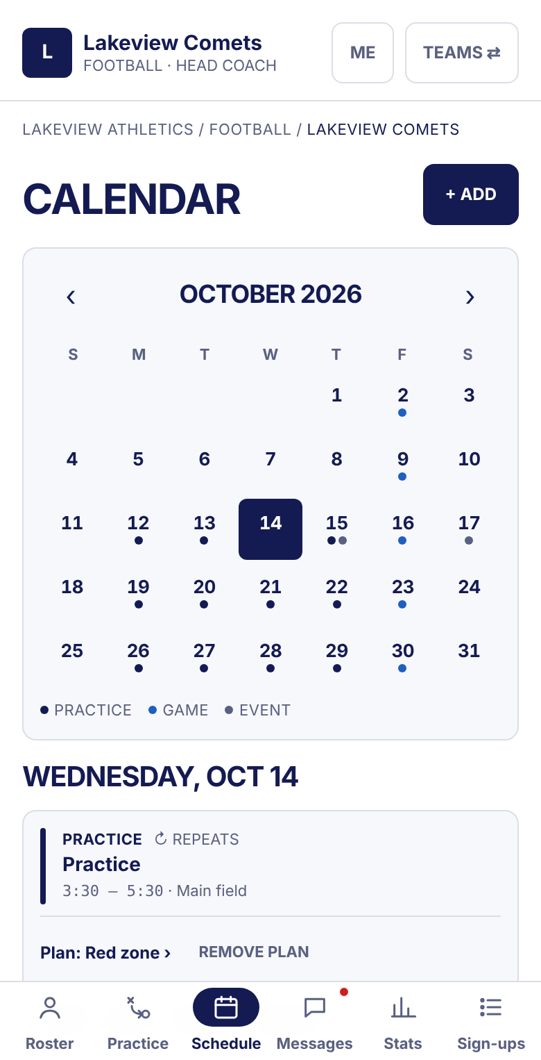 Team calendar for October with practices, games and an event, and today's practice with its plan.