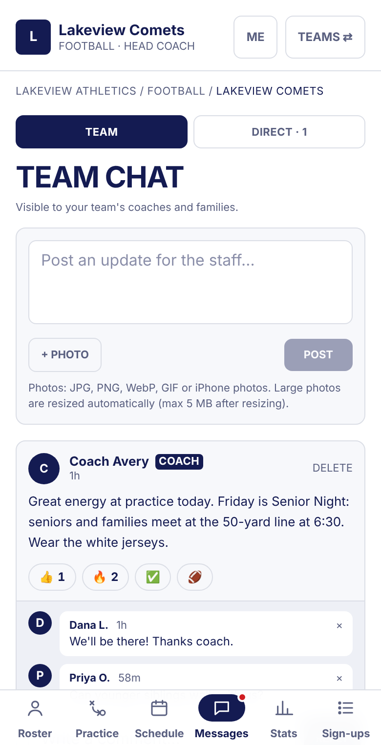 Team chat with a coach's Senior Night announcement, emoji reactions and two family replies.
