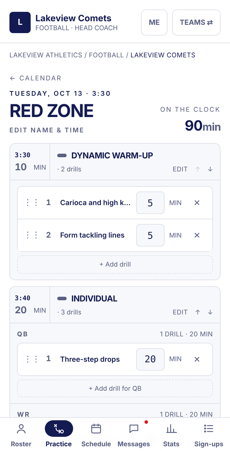 A 90-minute practice plan with a warm-up period and position-group drills for QB, WR and OL.